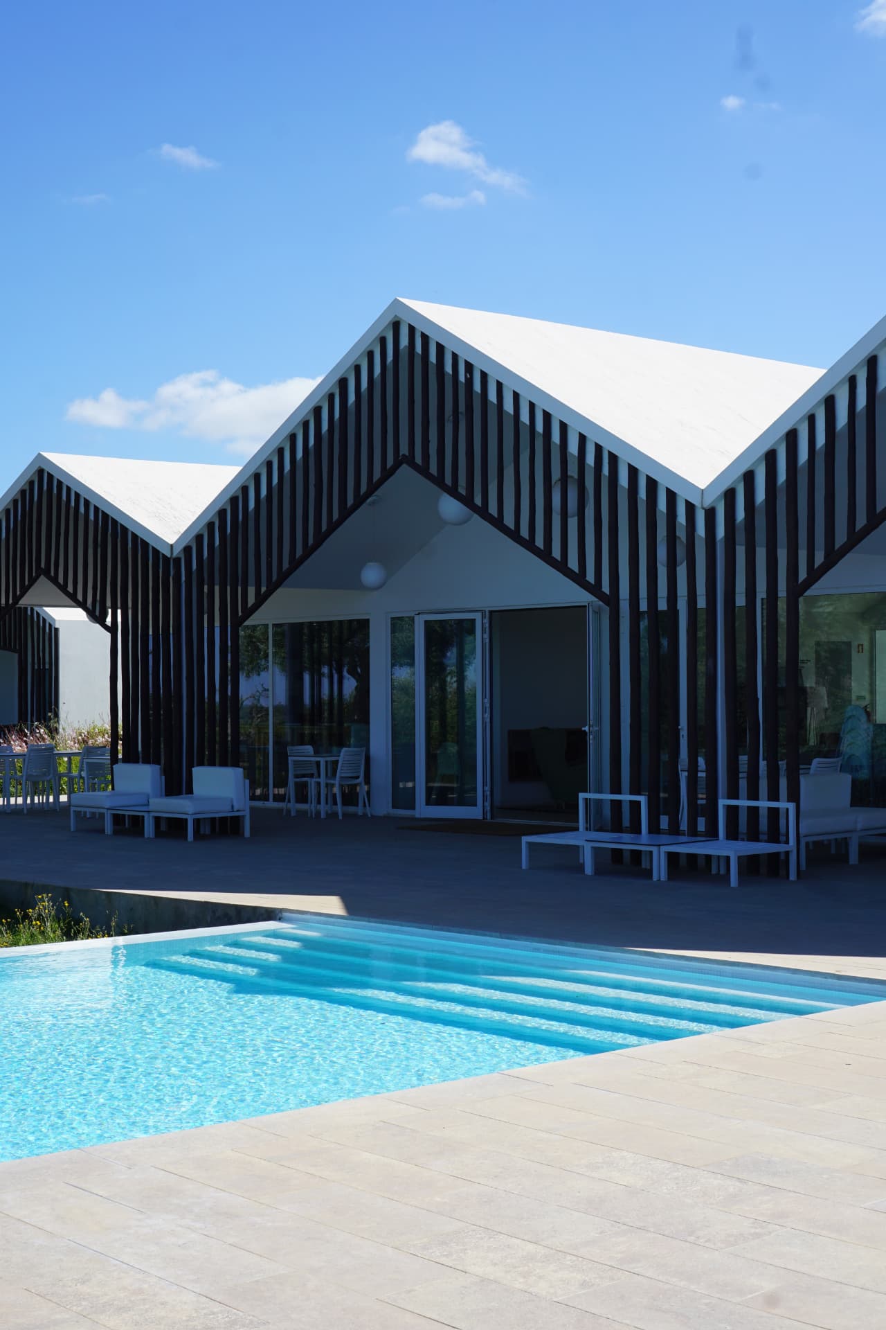 Modern hotel villa with dark timber façade and a turquoise pool in Comporta